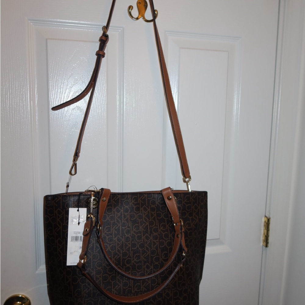 Calvin Klein Brown Monogram Tote with Tan Trim